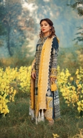 Embroidered sequinned front (khaddar) Embroidered sleeves (khaddar) Screen printed back (khaddar) Embroidered sleeves border (satin silk) Embroidered front daman border (satin) Embroidered Shiffli woolen shawl Dyed trouser 2.5MTR
