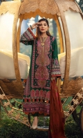 Embroidered and appliqued front (karandi) Jacquard back Embroidered sleeves (karandi) Embroidered side pannels Embroidered border for front (satin) Embroidered border for back Embroidered border for sleeves (satin) Dyed trouser Medium silk duppata