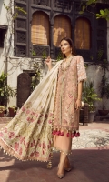 01 M EMBROIDERED DOBBY LAWN FRONT 02 M EMBROIDERED FRONT BORDER 5 M EMBROIDERED FRONT AND BACK BORDER 25 M DYED LAWN BACK 01 EMBROIDERED BACK MOTIF 65 M EMBROIDERED DOBBY LAWN SLEEVES 01 M EMBROIDERED SLEEVES BORDER 5 M EMBROIDERED DUPATTA WITH GOTTA WORK ON CHANDARI 02 M EMBROIDERED DUPATTA BORDER 44” EMBROIDERED TROUSER BOTTOM 5 M 100% PIMA COTTON TROUSER