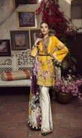 01 M CROSS STITCHED EMBROIDERED LAWN FRONT 01 M EMBROIDERED NECKLINE LACE 01 M EMBROIDERED FRONT BORDER 25 M SCREEN PRINTED LAWN BACK 13 “FRONT SIDE PANELS 65 M EMBROIDERED LAWN SLEEVES 01 M EMBROIDERED SLEEVES BORDER 5 M PRINTED TISSUE SILK DUPATTA WITH FOIL PRINT 02 M EMBROIDERED TROUSER LACE 12 M EMBROIDERED TROUSER BORDER 5 M 100% PIMA COTTON TROUSER