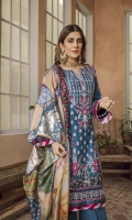 Embroidered sequinned front panel on lawn Embroidered sequinned front side panel on lawn Embroidered sequinned back panel on lawn Embroidered sequinned back side panel on lawn Embroidered sleeve on lawn Embroidered side Patti on silk Embroidery front Daman Patti on silk Embroidered shesha Daman Patti on organza Embroidered shesha sleeve Patti Digital print Dupatta on medium silk - 2.5MTR Dyed cotton trouser on pima - 2.5MTR