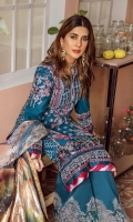 Embroidered sequinned front panel on lawn Embroidered sequinned front side panel on lawn Embroidered sequinned back panel on lawn Embroidered sequinned back side panel on lawn Embroidered sleeve on lawn Embroidered side Patti on silk Embroidery front Daman Patti on silk Embroidered shesha Daman Patti on organza Embroidered shesha sleeve Patti Digital print Dupatta on medium silk - 2.5MTR Dyed cotton trouser on pima - 2.5MTR