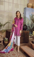 Organza appliquéd Embroidered front two side panel on lawn Organza appliquéd Embroidered sleeve on lawn Embroidered front Daman on Patti Embroidered sleeve Patti Embroidered patch for trouser Digital print Dupatta on medium silk 2.5MTR Dyed trouser on Pima cotton 2.5MTR