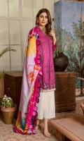 Organza appliquéd Embroidered front two side panel on lawn Organza appliquéd Embroidered sleeve on lawn Embroidered front Daman on Patti Embroidered sleeve Patti Embroidered patch for trouser Digital print Dupatta on medium silk 2.5MTR Dyed trouser on Pima cotton 2.5MTR