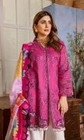 Organza appliquéd Embroidered front two side panel on lawn Organza appliquéd Embroidered sleeve on lawn Embroidered front Daman on Patti Embroidered sleeve Patti Embroidered patch for trouser Digital print Dupatta on medium silk 2.5MTR Dyed trouser on Pima cotton 2.5MTR