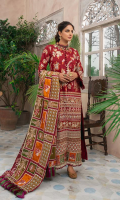 Embroidered Front (Lawn) Embroidered Front Border (Lawn) Embroidered Front & Back Border (Satin) Embroidered Sleeve (Lawn) Embroidered Neck Patti (Lawn) Embroidered Back (Lawn) Embroidered Dupatta (Woil) Trouser (Cotton) Trouser Patti (Organza)