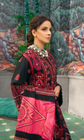 Embroidered Center Panel (Lawn) Embroidered Side Panel A (Lawn) Embroidered Side Panel B (Lawn) Embroidered Front Border (Lawn) Embroidered Sleeve (Lawn) Dyed Back Plain (Lawn) Embroidered Back Motive Patch (Organza) Embroidered Dupatta Swiss voil Embroidered Dupatta center (Voil) Trouser (Cotton)