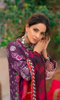 Embroidered Front (Lawn) Embroidered Front Border (Satin) Embroidered Front Motive (Satin) Embroidered Back (Lawn) Embroidered Sleeve (Lawn) Embroidered Sleeve Patti (Satin) Embroidered Dupatta (Chiffon) Trouser (Cotton) Trouser Patch (Organza)