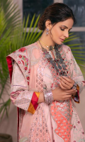 Embroidered Center Panel (Lawn) Embroidered Side Kali left and right (Lawn) Embroidered Side Panel B left and right (Lawn) Embroidered Back Motive (organza) Dyed Back Plain (Lawn) Embroidered Front & Back Border (Lawn) Embroidered Sleeve (Lawn) Embroidered Dupatta (Chiffon) Embroidered Dupatta Pallu (organza) Printed Trouser (Cotton)