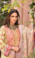 Embroidered Front (Lawn) Embroidered Neckline (Organza) Embroidered Back (Lawn) Embroidered Front Border A (Organza) Embroidered Front & Back Border B (Organza) Embroidered Sleeve (Lawn) Embroidered Back Patti (Organza) Embroidered Dupatta (Net) Trouser (Cotton)