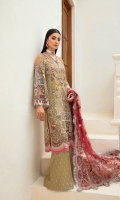 Hand embellished Embroidered front on net fabric Hand embellished embroidered sleeves on net Embroidered back on net Embroidered dupatta on net fabric Embroidered dupatta pallu on net fabric Screen printed trouser Cotton silk inner Kiran lace for four sided of dupatta Embroidered motifs for hanging