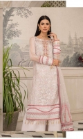 Embroidered front chiffon. Embroidered front border Embroidered neckline hand work Embroidered back chiffon. Embroidered back border. Embroidered sleeves chiffon. Embroidered sleeves border. Embroidered dupatta net. Trouser dyed grip.