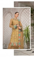 Embroidered front chiffon. Embroidered front border Embroidered neckline hand work Embroidered back chiffon. Embroidered back border. Embroidered sleeves chiffon. Embroidered sleeves border. Embroidered dupatta chiffon . Trouser dyed grip.