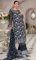 Embroidered front chiffon. Embroidered front border Embroidered neckline hand work Embroidered back chiffon. Embroidered back border. Embroidered sleeves chiffon. Embroidered sleeves border. Embroidered dupatta chiffon . Trouser dyed grip.
