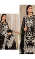 Embroidered front chiffon. Embroidered front border Embroidered back chiffon. Embroidered back border. Embroidered sleeves chiffon. Embroidered sleeves border. Embroidered dupatta chiffon . Trouser dyed grip.