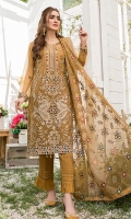 Embroidered Front Organza. Embroidered Front border. Embroidered Back Organza. Embroidered Back border. Embroidered Sleeves Organza. Embroidered Sleeves border. Embroidered dupatta Chiffon. Trouser Dyed grip.