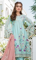 Embroidered Front Organza. Embroidered Front border. Embroidered Back Organza. Embroidered Back border. Embroidered Sleeves Organza. Embroidered Sleeves border. Embroidered dupatta chiffon. Trouser Dyed grip.