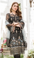 Embroidered Front Organza. Embroidered Front border. Embroidered Back Organza. Embroidered Back border. Embroidered SleevesOrganza. Embroidered Sleeves border. Embroidered dupatta Organza. Embroidered dupatta border Trouser Dyed grip.