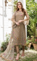 Embroidered Front Organza. Embroidered Front border. Embroidered Back Organza. Embroidered Back border. Embroidered Sleeves Organza. Embroidered Sleeves border. Embroidered dupatta chiffon. Trouser Dyed grip.