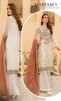 Embroidered Front Organza. Embroidered Front border. Embroidered Back Organza. Embroidered Back border. Embroidered Sleeves Organza. Embroidered Sleeves border. Embroidered dupatta chiffon. Trouser Dyed grip