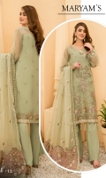 Embroidered Front Organza. Embroidered Front border. Embroidered Back Organza. Embroidered Back border. Embroidered Sleeves Organza. Embroidered Sleeves border. Embroidered dupatta organza. Embroidered dupatta border Trouser Dyed grip