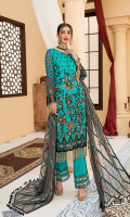 Embroidered Front Chiffon Handmade. Embroidered Back Chiffon. Embroidered Sleeves Chiffon. Embroidered Dupatta Chiffon Contrast. Embroidered Front Border Handmade. Embroidered Back Border. Embroidered Sleeves Border. Embroidered Trouser Border. Trouser.