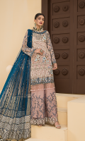 Embroidered Front Chiffon Handmade. Embroidered Back Chiffon. Embroidered Sleeves Chiffon. Embroidered Dupatta Net Contrast. Embroidered Dupatta Border Fourside. Embroidered Dupatta Pallu. Embroidered Front Border Handmade. Embroidered Back + Sleeves Border. Embroidered Sharara Net. Trouser.