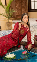 Embroidered Front Chiffon Handmade. Embroidered Back Chiffon. Embroidered Sleeves Chiffon. Embroidered Dupatta Net Contrast. Embroidered Dupatta Palette Contrast. Embroidered Front Border Handmade. Embroidered Back + Sleeves Border. Trouser Jamawar.