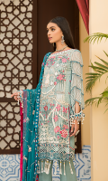 Embroidered Front Chiffon. Embroidered Back Chiffon. Embroidered Sleeves Chiffon. Embroidered Dupatta Chiffon Contrast. Embroidered Front + Back + Sleeves Border. Embroidered Trouser Border.