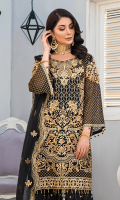 CHIFFON EMBROIDERED FRONT (1YARD) ORGANZA EMBROIDERED FRONT BORDER PATCH (1 YARD) CHIFFON EMBROIDERED BACK (1 YARD) ORGANZA EMBROIDERED BACK BORDER PATCH (1 YARD) CHIFFON EMBROIDERED SLEEVES (0.60YARD) ORGANZA EMBROIDERED SLEEVES MOTIFS 2 PIECES ORGANZA EMBROIDERES SLEEVES PATCH (1.60 YARDS ) NET EMBROIDERED DUPATTA (2.50 YARDS) DYED GRIP EMBROIDERED RAW-SILK TROUSER(2.50 YARDS)