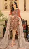 Embroidered Front Chiffon. Embroidered Front Border Embroidered neckline hand work Embroidered Back Chiffon. Embroidered Back border. Embroidered Sleeves Chiffon. Embroidered Sleeves border. Embroidered Dupatta net. Trouser Dyed grip.
