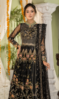 Front 7 panels embroidered net (hand made) Back 7 panels embroidered net Body front embroidered net (hand made) Body back embroidered net Sleeves organza embroidered (hand made) Border front + back organza embroidered Dupatta embroidered net with lace + tassels( ready to wear ) Trouser dyed grip