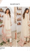 Front chiffon embroidered. Back chiffon embroidered. Front border embroidered. Back border embroidered. Dupatta net embroidered. Sleeves chiffon embroidered. Sleeves border + dupatta pallu embroidered. Trouser dyed grip.