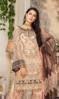 CHIFFON EMBROIDERED FRONT (1YARD) ORGANZA EMBROIDERED FRONT BORDER PATCH 2 PIECES ORGANZA EMBROIDERED WITH HAND MADE NECKLINE PATCH (1 PIECE) CHIFFON EMBROIDERED BACK (1 YARD) ORGANZA EMBROIDERED BACK BORDER PATCH (1 YARD) CHIFFON EMBROIDERED SLEEVES (0.60YARD) ORGANZA EMBROIDERED SLEEVES PATCH (1 YARD) NET  EMBROIDERED  DUPATTA (2.50 YARDS) ORGANZA EMBROIDERED PALLU PATCH 2 PIECES DYED GRIP RAW-SILK TROUSER (2.50 YARDS) ORGaAZA EMBROIDERED SHARARA FABRIC 1 PIECEx