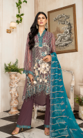 CHIFFON EMBROIDERED FRONT (1YARD) ORGANZA EMBROIDERED FRONT BORDER PATCH (1 YARD) CHIFFON EMBROIDERED BACK (1 YARD) ORGANZA EMBROIDERED BACK BORDER PATCH (1 YARD) CHIFFON EMBROIDERED SLEEVES (0.60YARD) NER EMBROIDERED DUPATTA WITH HAND MADE PEARLS (2.50 YARDS) ORGANZA EMBROIDERED PALLU PATCH WITH HAND MADE PEARLS 1 PIECE DYED GRIP RAW-SILK TROUSER (2.50 YARDS) ORGaAZA EMBROIDERED TROUSER PATCH (1 YARD)