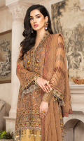 CHIFFON EMBROIDERED FRONT (1YARD) ORGANZA EMBROIDERED FRONT BORDER PATCH (1 YARD) ORGANZA EMBROIDERED NECKLINE PATCH (1 PIECE) CHIFFON EMBROIDERED BACK (1 YARD) ORGANZA EMBROIDERED BACK BORDER PATCH (1 YARD) CHIFFON EMBROIDERED SLEEVES (0.60YARD) ORGANZA EMBROIDERED SLEEVES PATCH (1 YARD) CHIFFON EMBROIDERED DUPATTA (2.50 YARDS) DYED GRIP RAW-SILK TROUSER (2.50 YARDS) ORGaAZA EMBROIDERED TROUSER PATCH (1 YARD)
