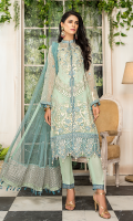 CHIFFON EMBROIDERED FRONT (1YARD) ORGANZA EMBROIDERED FRONT BORDER PATCH 2 PIECES ORGANZA NECKLINE PATCH (1 PIECE) CHIFFON EMBROIDERED BACK (1 YARD) ORGANZA EMBROIDERED BACK BORDER PATCH (1 YARD) CHIFFON EMBROIDERED SLEEVES (0.60YARD) ORGANZA SLEEVES PATCH (1 YARD) CHIFFON EMBROIDERED DUPATTA (2.50 YARDS) DYED GRIP RAW-SILK TROUSER (2.50 YARDS) ORGaAZA TROUSER PATCH (1 YARD)
