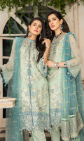 CHIFFON EMBROIDERED FRONT (1YARD) ORGANZA EMBROIDERED FRONT BORDER PATCH 2 PIECES ORGANZA NECKLINE PATCH (1 PIECE) CHIFFON EMBROIDERED BACK (1 YARD) ORGANZA EMBROIDERED BACK BORDER PATCH (1 YARD) CHIFFON EMBROIDERED SLEEVES (0.60YARD) ORGANZA SLEEVES PATCH (1 YARD) CHIFFON EMBROIDERED DUPATTA (2.50 YARDS) DYED GRIP RAW-SILK TROUSER (2.50 YARDS) ORGaAZA TROUSER PATCH (1 YARD)