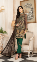 CHIFFON EMBROIDERED FRONT (1YARD) CHIFFON EMBROIDERED BACK (1 YARD) ORGANZA EMBROIDERED BACK BORDER PATCH (1 YARD) CHIFFON EMBROIDERED SLEEVES (0.60YARD) ORGANZA EMBROIDERED SLEEVES PATCH (1 YARD) CHIFFON EMBROIDERED DUPATTA (2.50 YARDS) DYED GRIP RAW-SILK TROUSER (2.50 YARDS) ORGaAZA EMBROIDERED TROUSER PATCH (1 YARD)