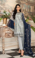 CHIFFON EMBROIDERED FRONT (1YARD) ORGANZA EMBROIDERED FRONT BORDER PATCH (1 YARD) CHIFFON EMBROIDERED BACK (1 YARD) ORGANZA EMBROIDERED BACK BORDER PATCH (1 YARD) CHIFFON EMBROIDERED SLEEVES (0.60YARD) NER EMBROIDERED DUPATTA WITH HAND MADE PEARLS (2.50 YARDS) ORGANZA EMBROIDERED PALLU PATCH WITH HAND MADE PEARLS 1 PIECE DYED GRIP RAW-SILK TROUSER (2.50 YARDS) ORGaAZA EMBROIDERED TROUSER PATCH (1 YARD)