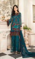 CHIFFON EMBROIDERED FRONT (1YARD) ORGANZA EMBROIDERED FRONT BORDER PATCH (1 YARD) ORGANZA EMBROIDERED WITH HAND MADE NECKLINE PATCH (1 PIECE) ORGANZA EMBROIDERED FRONT HANDMADE SECOND PATCH 1 PIECE CHIFFON EMBROIDERED BACK (1 YARD) ORGANZA EMBROIDERED BACK BORDER PATCH (1 YARD) CHIFFON EMBROIDERED SLEEVES (0.60YARD) CHIFFON EMBROIDERED DUPATTA (2.50 YARDS) DYED GRIP RAW-SILK TROUSER (2.50 YARDS) ORGaAZA EMBROIDERED TROUSER PATCH (1 YARD)