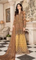 CHIFFON EMBROIDERED FRONT (1YARD) ORGANZA EMBROIDERED FRONT BORDER PATCH (1 YARD) ORGANZA EMBROIDERED NECKLINE PATCH (1 PIECE) CHIFFON EMBROIDERED BACK (1 YARD) ORGANZA EMBROIDERED BACK BORDER PATCH (1 YARD) CHIFFON EMBROIDERED SLEEVES (0.60YARD) ORGANZA EMBROIDERED SLEEVES PATCH (1 YARD) CHIFFON EMBROIDERED DUPATTA (2.50 YARDS) DYED GRIP RAW-SILK TROUSER (2.50 YARDS) ORGaAZA EMBROIDERED TROUSER PATCH (1 YARD)