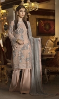 EMBROIDERED CHIFFON FRONT AND SLEEVES CHIFFON BACK EMBROIDERED CHIFFON DUP- PATA EMBROIDERED DAMAN PATCH GRIP TROSER AND ACCESSORIES