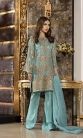 EMBROIDERED CHIFFON FRONT AND SLEEVES CHIFFON BACK EMBROIDERED ORGANZA DUPPATA EMBROIDERED DAMAN PATCH GRIP TROSER AND ACCESSORIES