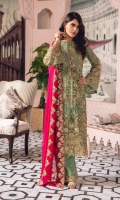 EMBROIDERED CHIFFON FRONT BACK AND SLEEVES EMBROIDERED FRONT BACK DAMAN PATCH EMBROIDERED CHIFFON DUPPATA EMBROIDERED GRIP TROSER AND ACCESSORIES