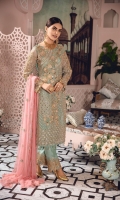 EMBROIDERED NET HAND MADE FRONT AND SLEEVES EMBROIDERED NET BACK EMBROIDERED CHIFFON HAND MADE DUPPATA EMBROIDERED GRIP TROUSER AND ACCESSORIES