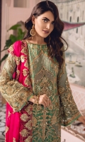 EMBROIDERED CHIFFON FRONT BACK AND SLEEVES EMBROIDERED FRONT BACK DAMAN PATCH EMBROIDERED CHIFFON DUPPATA EMBROIDERED GRIP TROSER AND ACCESSORIES