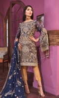 EMBROIDED CHIFFON FRONT, BACK AND SLEEVES. EMBROIDED CHIFFON DUPATTA EMBROIDED DAMAN PATCH. JAMAWAR TROUSER AND ACCESSORIES.
