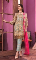 EMBROIDED HANDMADE NET FRONT AND SLEEVES. EMBROIDED NET BACK EMBROIDED HANDMADE NECK. EMBROIDED CHIFFON DUPATTA. EMBROIDED TROUSER PATTI. GRIP TROUSER AND ACCESSORIES.