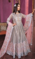 EMBROIDED NET FRONT, BACK AND SLEEVES. EMBROIDED HANDMADE NET BODY. EMBROIDED JAMAWAR FRONT AND SLEEVES PATCH. EMBROIDED JAMAWAR BACK DAMAN. EMBROIDED FRONT AND BACK GRIP PATTI EMBROIDED ORGANZA DUPATTA . GRIP TROUSER AND ACCESSORIES.